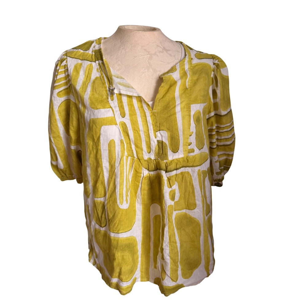 Christian Siriano New York Chartreuse White Abstract Linen Blend Blouse XL